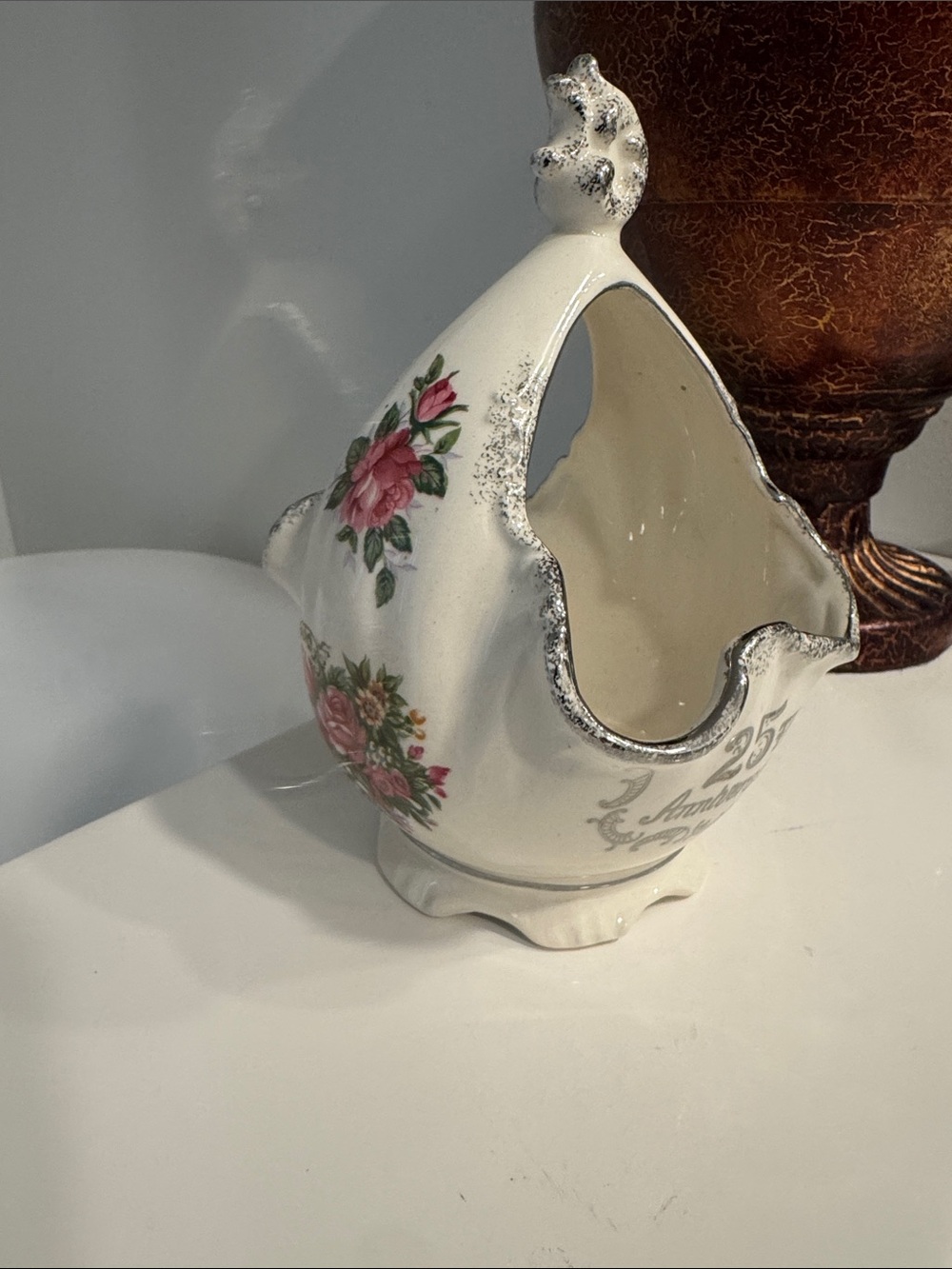 Vintage Norleans 25Th anniversary Floral Basket Vase with Rose Accents